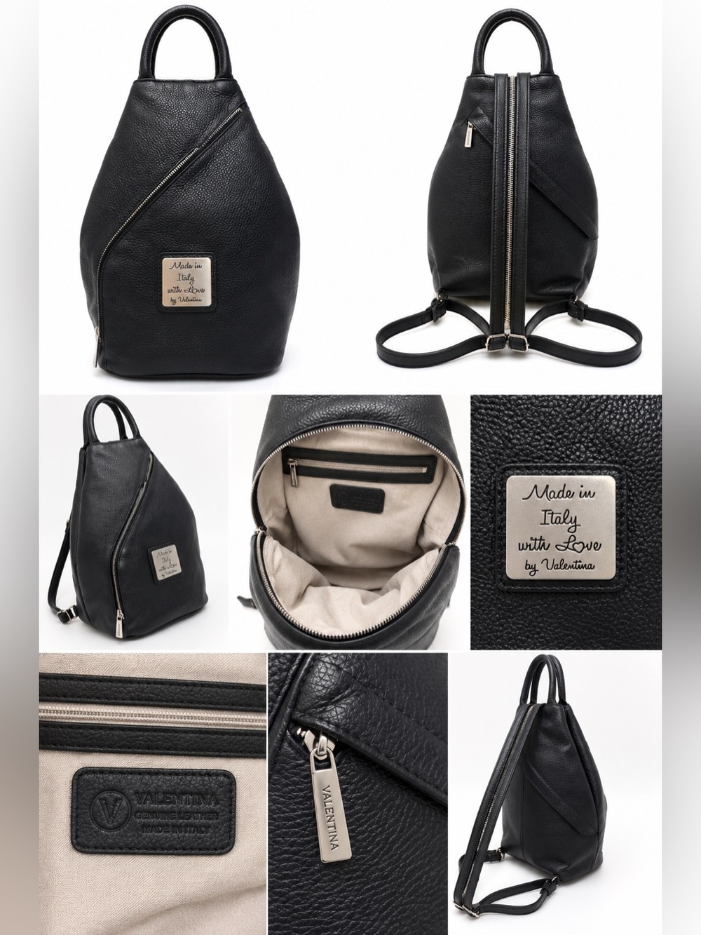 Valentina Made in Italy Black Genuine Leather Backpack